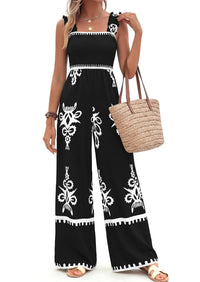 PRETTYGARDEN Womens Jumpsuit Casual One Piece Boho Summer Outfits Shirred Strap Wide Leg Long Pants Rompers With Pockets