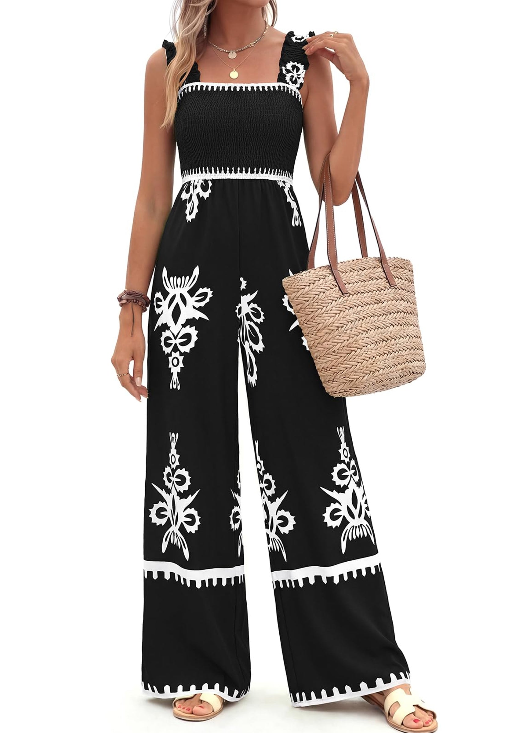 PRETTYGARDEN Womens Jumpsuit Casual One Piece Boho Summer Outfits Shirred Strap Wide Leg Long Pants Rompers With Pockets