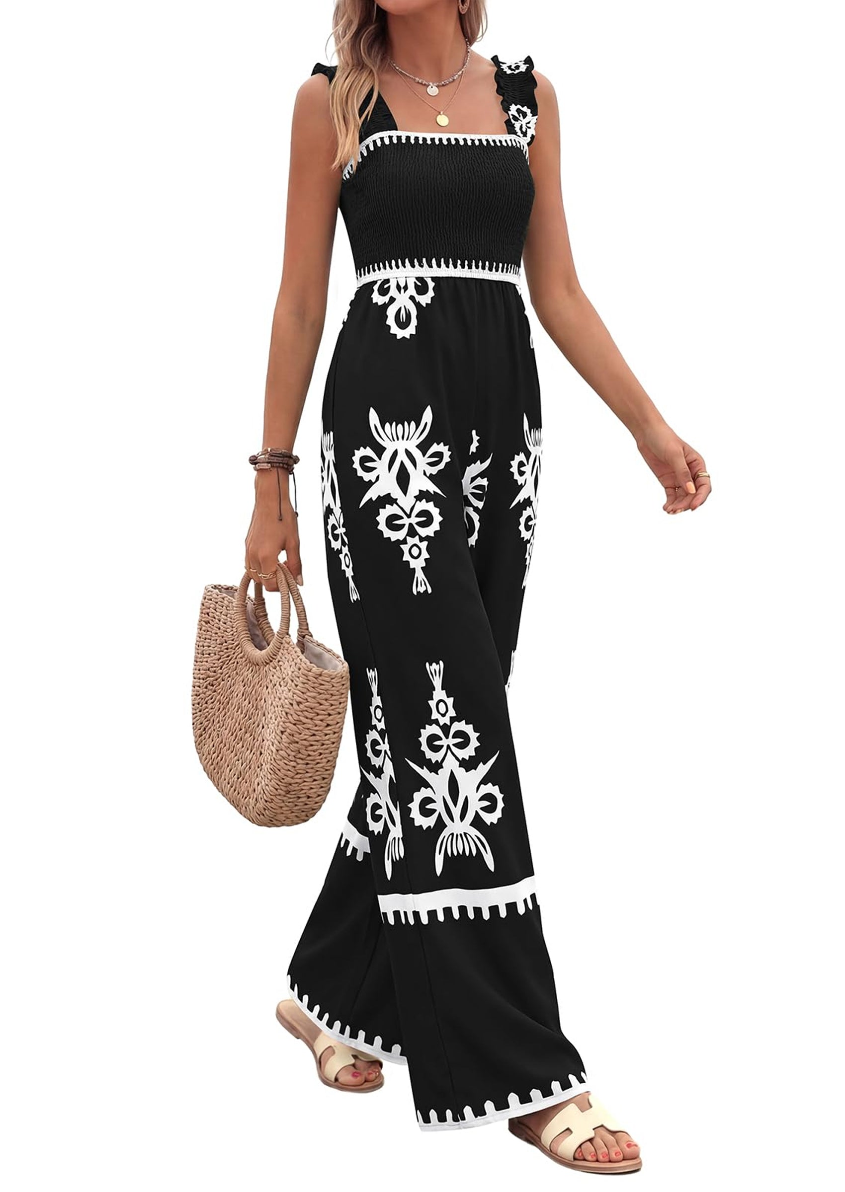 PRETTYGARDEN Womens Jumpsuit Casual One Piece Boho Summer Outfits Shirred Strap Wide Leg Long Pants Rompers With Pockets