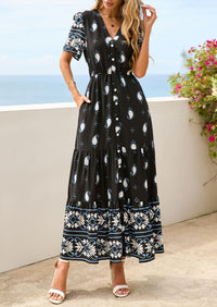 PRETTYGARDEN Womens Summer Boho Maxi Dress Trendy Short Sleeve V Neck Flowy Beach Floral Dresses with Pockets PRETTYGARDEN