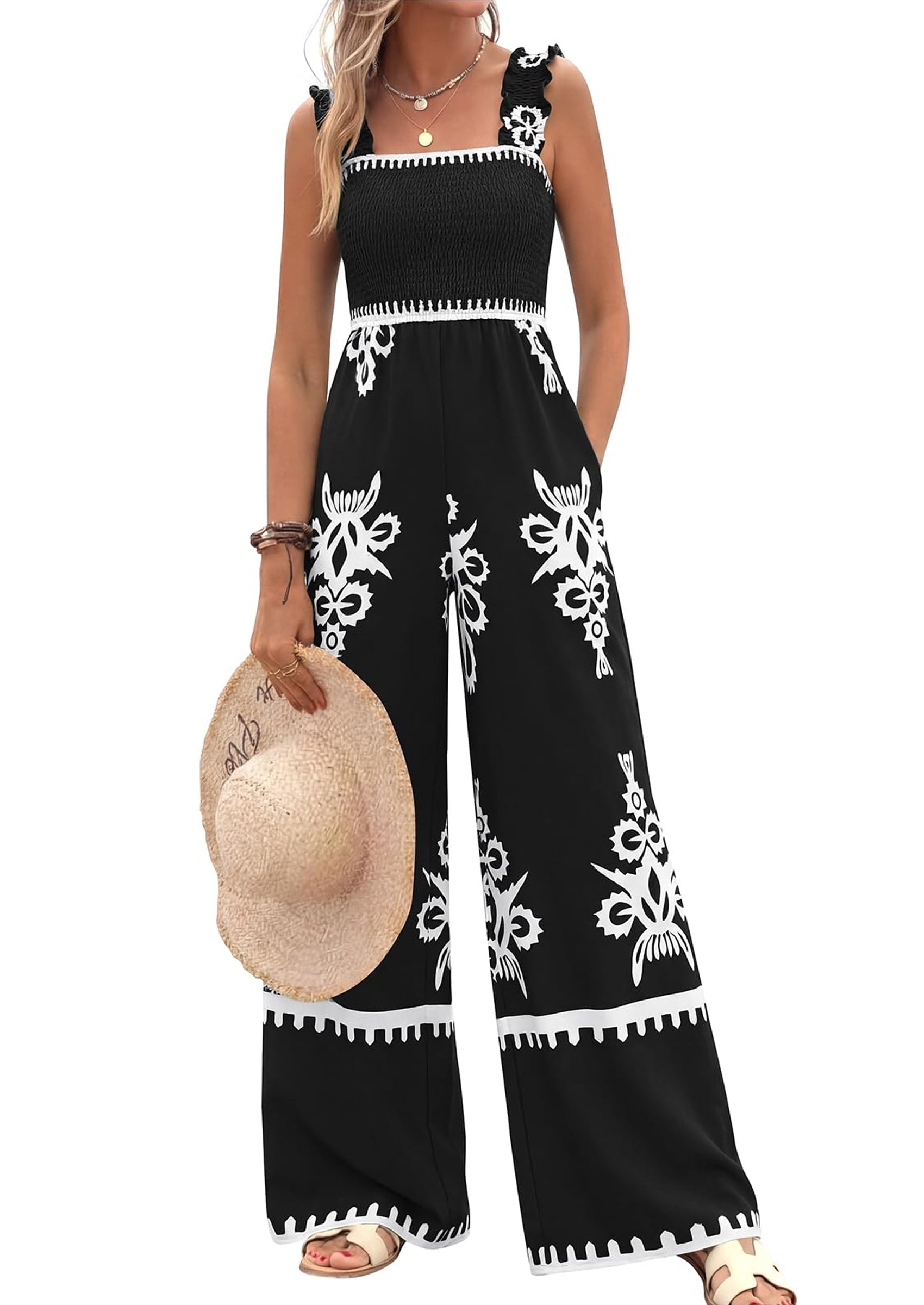 PRETTYGARDEN Womens Jumpsuit Casual One Piece Boho Summer Outfits Shirred Strap Wide Leg Long Pants Rompers With Pockets