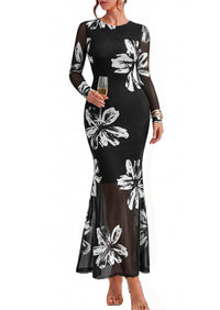 PRETTYGARDEN Womens Floral Mesh Long Sleeve Maxi Dresses 2026 Fall Wedding Guest Formal Cocktail Party Holiday Bodycon Dress
