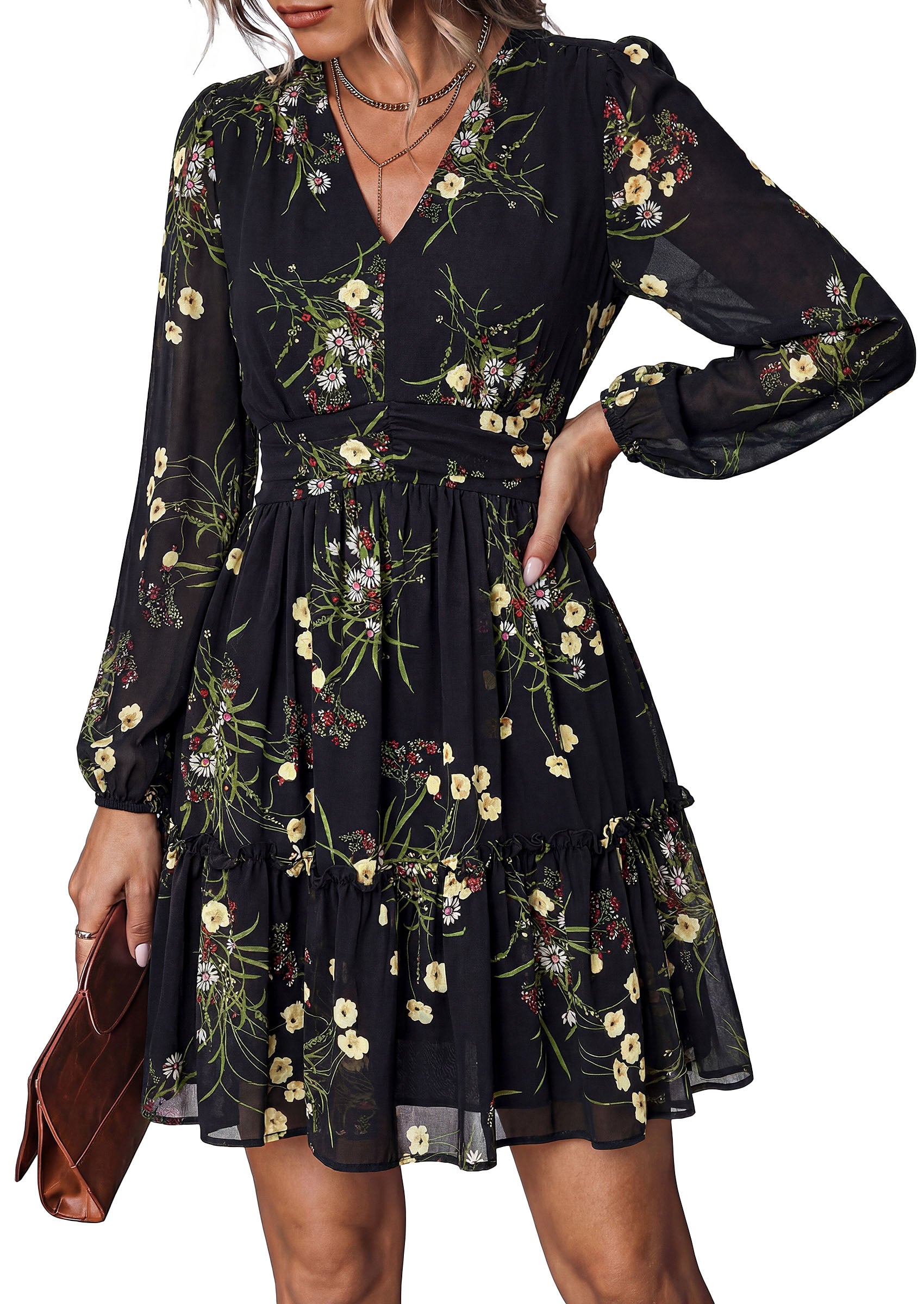 PRETTYGARDEN Women Floral Long Sleeve Mini Dress | Fall Wedding Guest Dresses, V Neck, Fit & Flare, Ruffle Hem A-Line, Short Chiffon Dress, Elegant Holiday Party, Date Outfits
