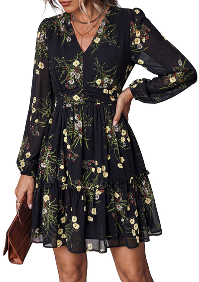 PRETTYGARDEN Women Floral Long Sleeve Mini Dress | Fall Wedding Guest Dresses, V Neck, Fit & Flare, Ruffle Hem A-Line, Short Chiffon Dress, Elegant Holiday Party, Date Outfits