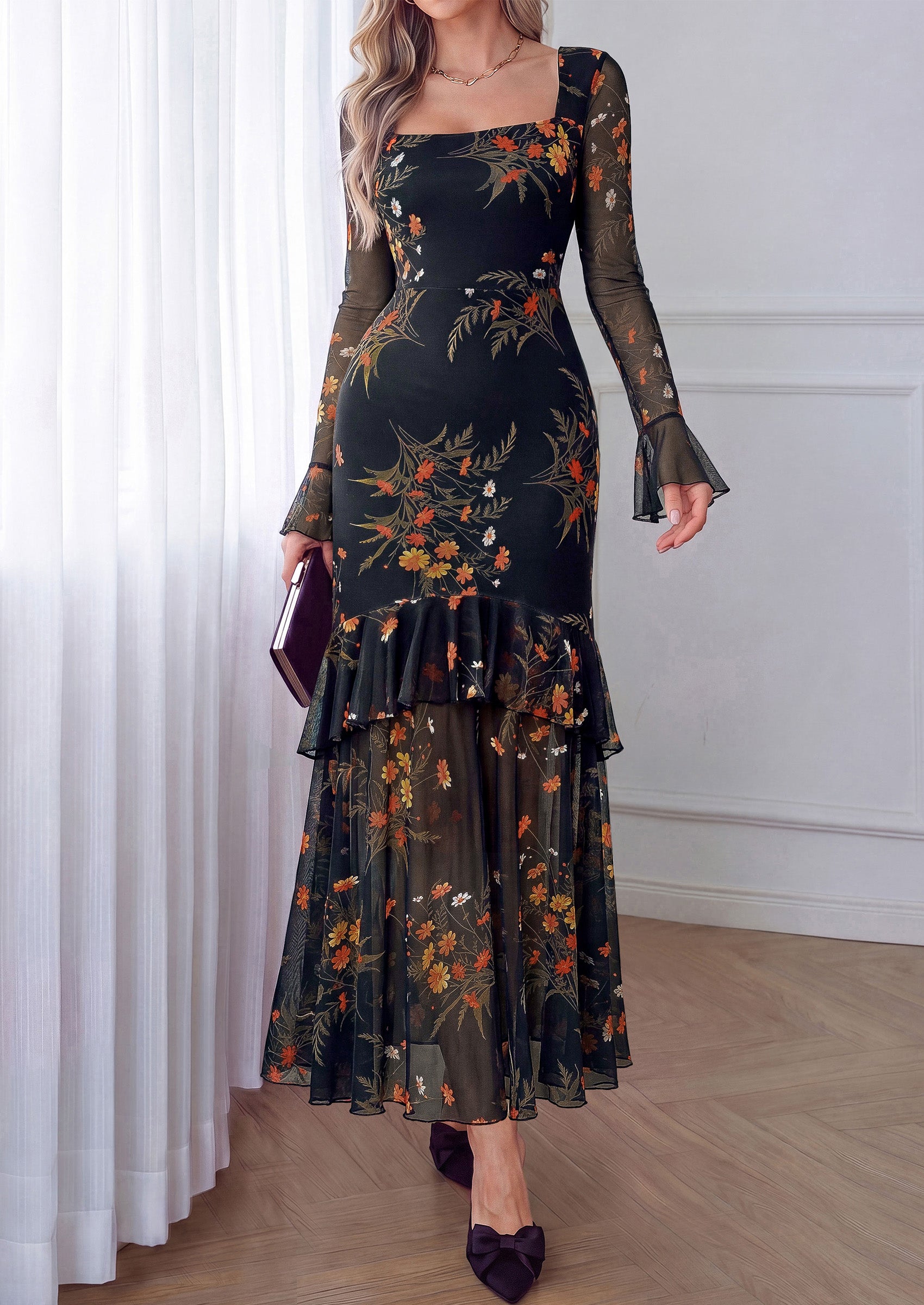 PRETTYGARDEN Womens Floral Long Sleeve Dress A Line Mesh Fall Maxi Dresses | Sheer Sleeve & Bell Cuffs, Lined, High Waist & Tiered Ruffle, Square Neck, Flowy Boho Dress, Cocktail Wedding Guest Dresses