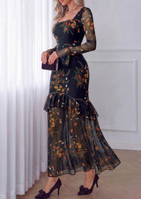 PRETTYGARDEN Womens Floral Long Sleeve Dress A Line Mesh Fall Maxi Dresses | Sheer Sleeve & Bell Cuffs, Lined, High Waist & Tiered Ruffle, Square Neck, Flowy Boho Dress, Cocktail Wedding Guest Dresses