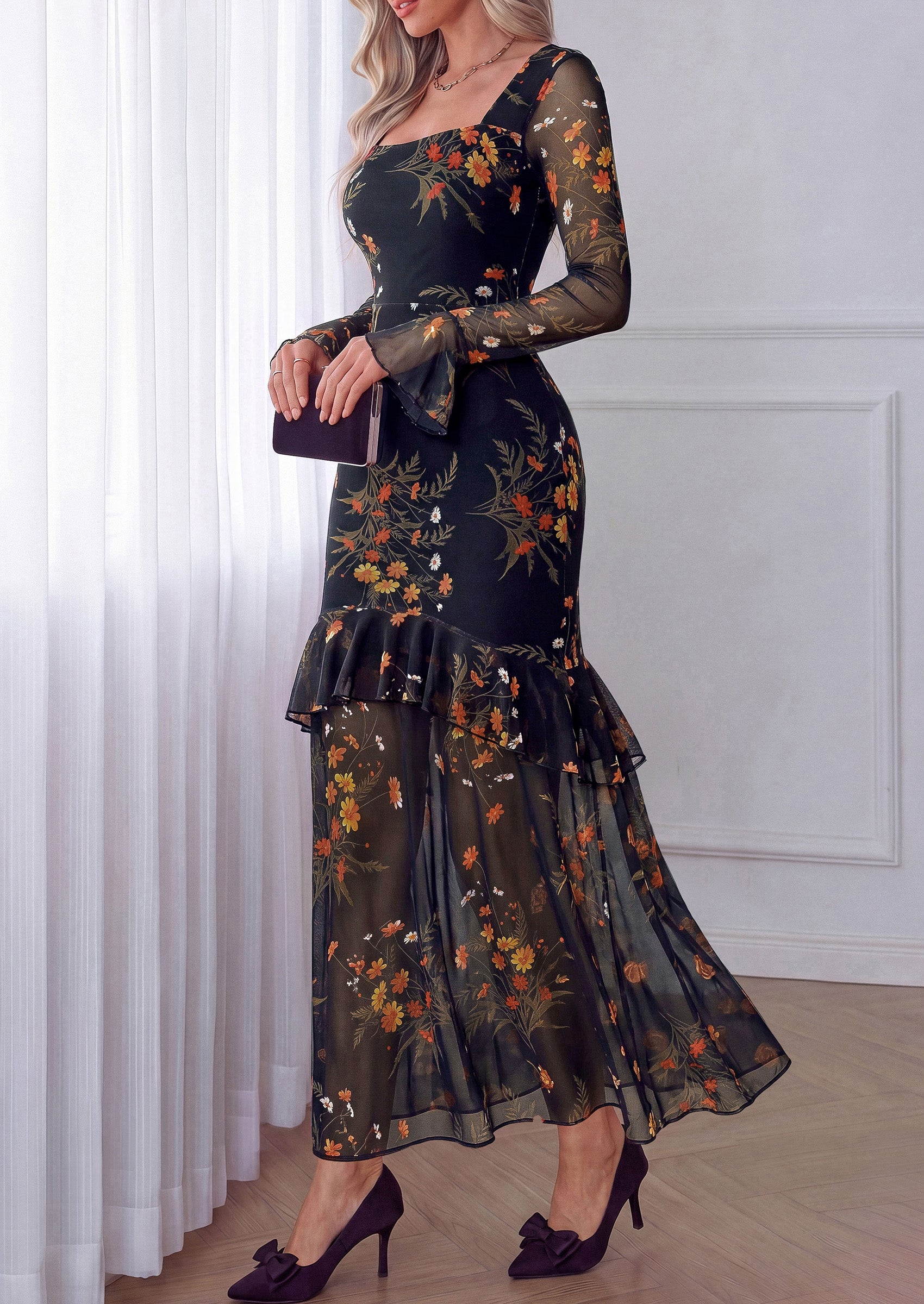PRETTYGARDEN Womens Floral Long Sleeve Dress A Line Mesh Fall Maxi Dresses | Sheer Sleeve & Bell Cuffs, Lined, High Waist & Tiered Ruffle, Square Neck, Flowy Boho Dress, Cocktail Wedding Guest Dresses