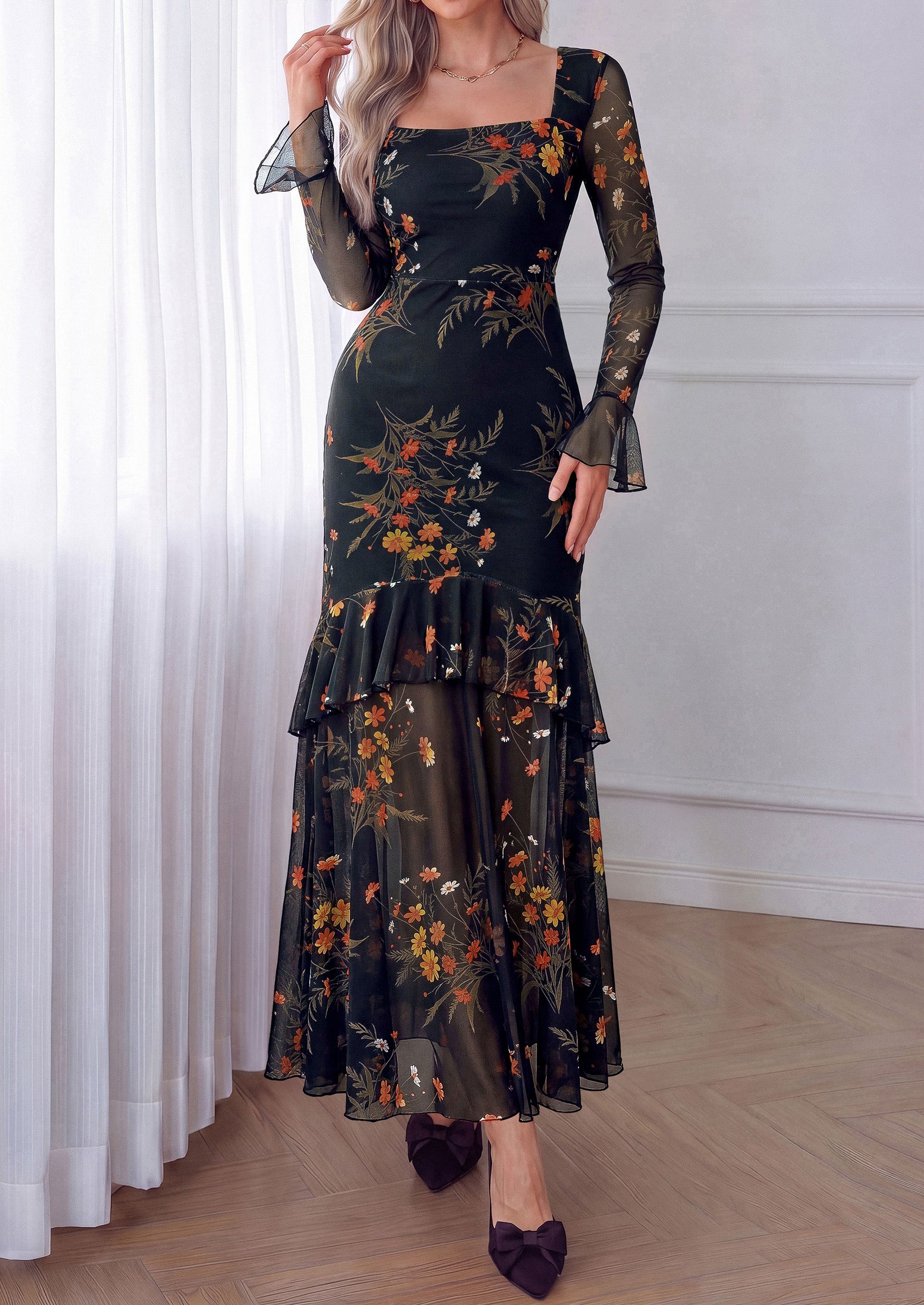 PRETTYGARDEN Womens Floral Long Sleeve Dress A Line Mesh Fall Maxi Dresses | Sheer Sleeve & Bell Cuffs, Lined, High Waist & Tiered Ruffle, Square Neck, Flowy Boho Dress, Cocktail Wedding Guest Dresses