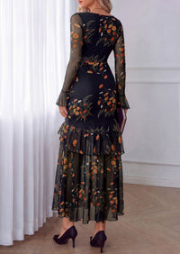 PRETTYGARDEN Womens Floral Long Sleeve Dress A Line Mesh Fall Maxi Dresses | Sheer Sleeve & Bell Cuffs, Lined, High Waist & Tiered Ruffle, Square Neck, Flowy Boho Dress, Cocktail Wedding Guest Dresses