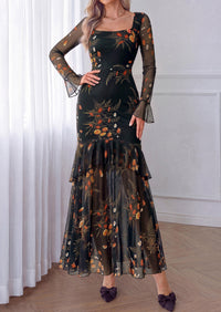 PRETTYGARDEN Womens Floral Long Sleeve Dress A Line Mesh Fall Maxi Dresses | Sheer Sleeve & Bell Cuffs, Lined, High Waist & Tiered Ruffle, Square Neck, Flowy Boho Dress, Cocktail Wedding Guest Dresses