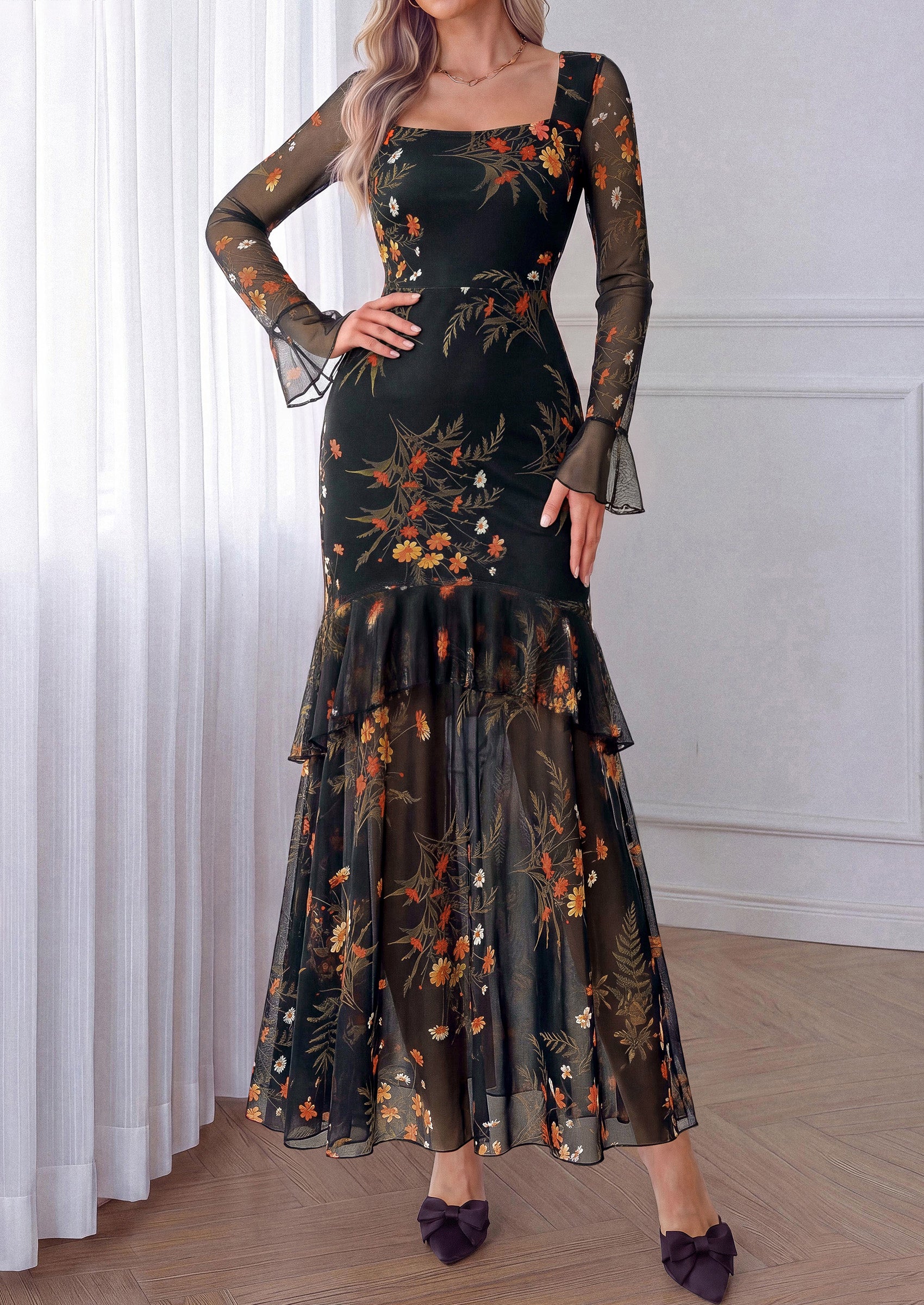 PRETTYGARDEN Womens Floral Long Sleeve Dress A Line Mesh Fall Maxi Dresses | Sheer Sleeve & Bell Cuffs, Lined, High Waist & Tiered Ruffle, Square Neck, Flowy Boho Dress, Cocktail Wedding Guest Dresses