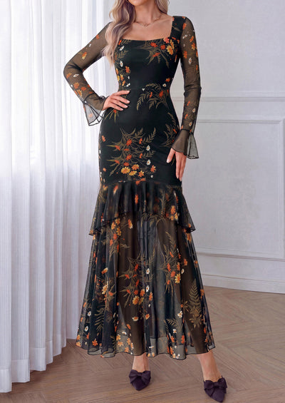 PRETTYGARDEN Womens Floral Long Sleeve Dress A Line Mesh Fall Maxi Dresses | Sheer Sleeve & Bell Cuffs, Lined, High Waist & Tiered Ruffle, Square Neck, Flowy Boho Dress, Cocktail Wedding Guest Dresses
