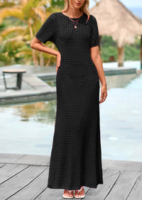 PRETTYGARDEN Womens Eyelet Cover Up Dress Summer Vacation Resort Maxi Dresses Beach Short Sleeve Hollow Out Sundress