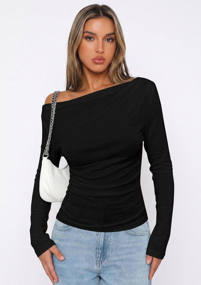 PRETTYGARDEN Off The Shoulder Tops for Women Going Out Long Sleeve Shirts Fall Casual Fitted Ribbed Ruched Y2K Clothes