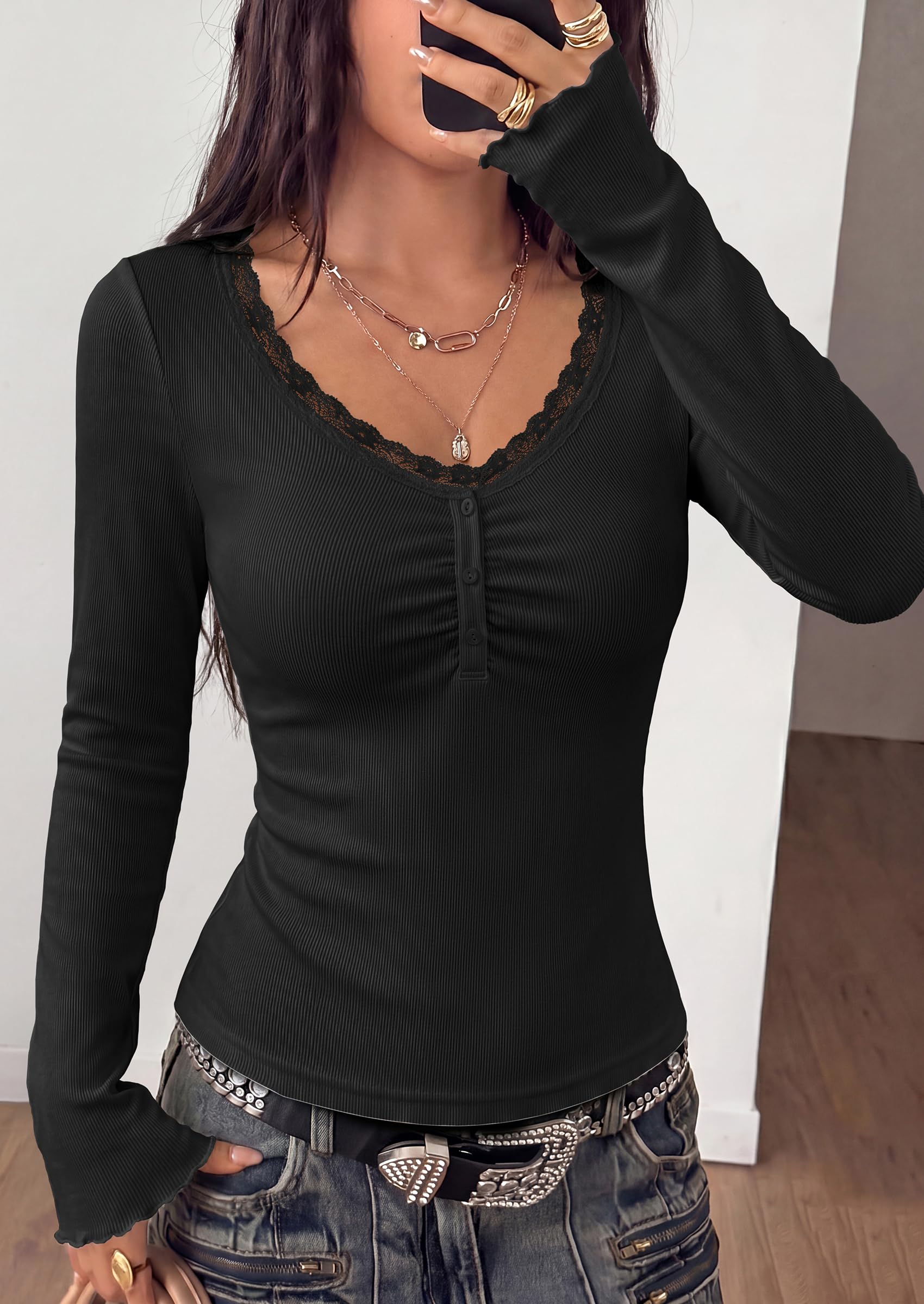 PRETTYGARDEN Womens Fall Long Sleeve Tops Lace Trim V Neck Button Henley Tshirts Slim Fitted Going Out Y2k Basic Shirts 2026