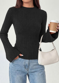 PRETTYGARDEN Sweaters for Women Lightweight Mock Neck Bell Long Sleeve Fitted Tops Ribbed Pullover Fall Fashion Clothing