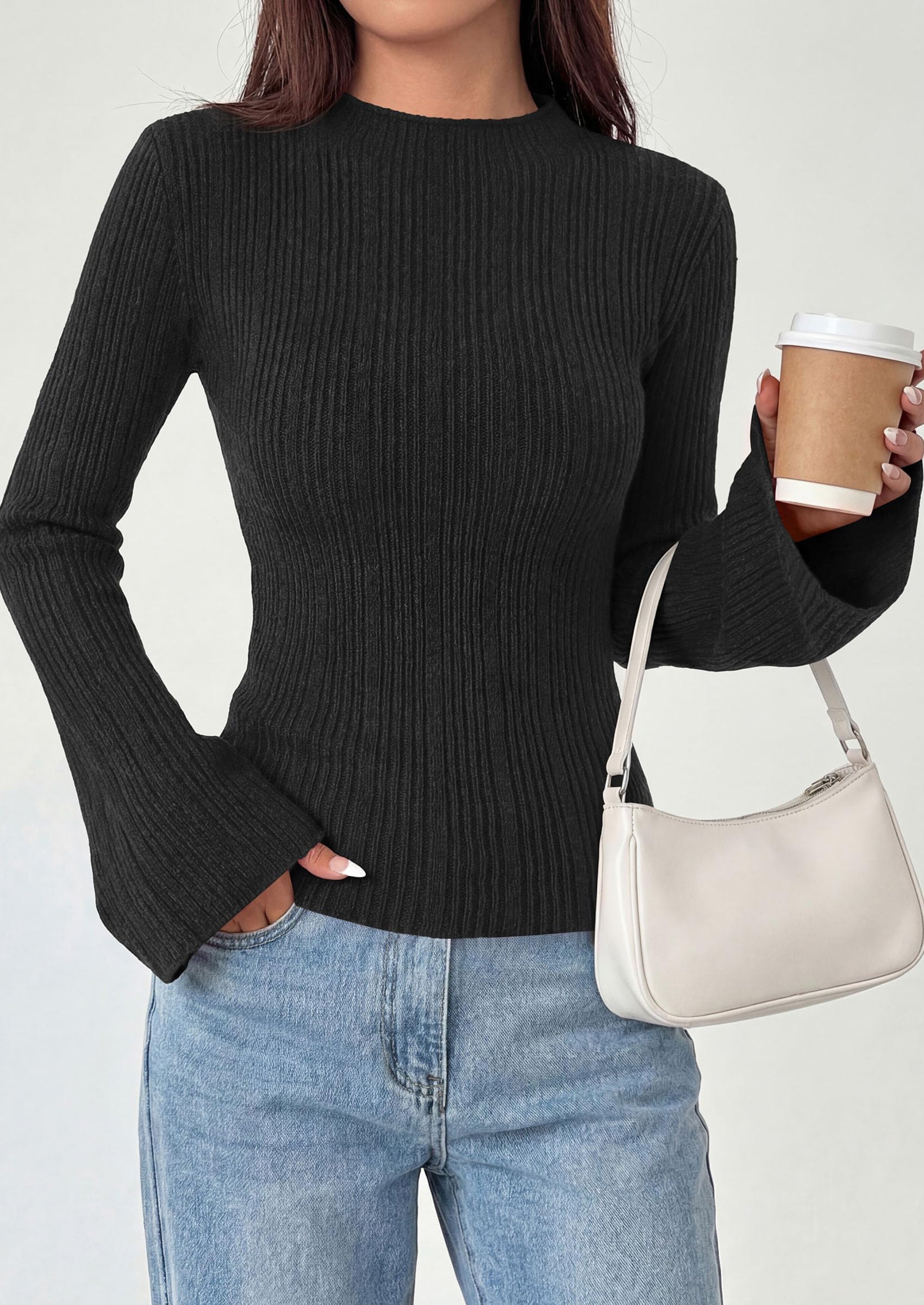 PRETTYGARDEN Sweaters for Women Lightweight Mock Neck Bell Long Sleeve Fitted Tops Ribbed Pullover Fall Fashion Clothing