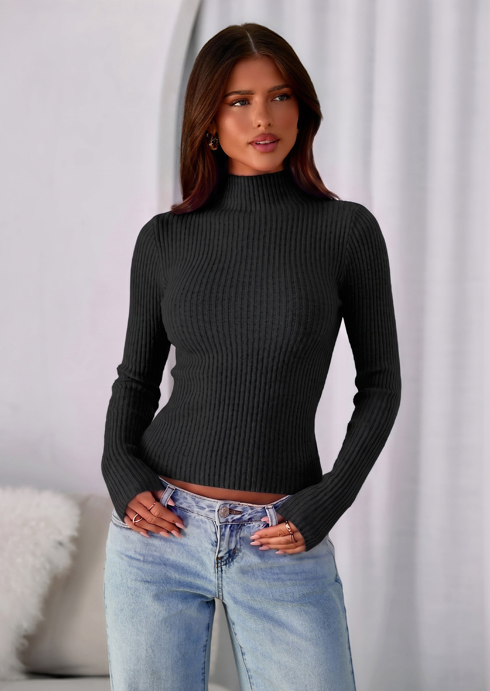 PRETTYGARDEN Long Sleeve T Shirts for Women Fall Fashion Mock Neck Fitted Ribbed Tee Tops Casual Basic Winter Clothing
