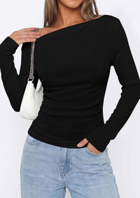 PRETTYGARDEN Off The Shoulder Tops for Women Going Out Long Sleeve Shirts Fall Casual Fitted Ribbed Ruched Y2K Clothes