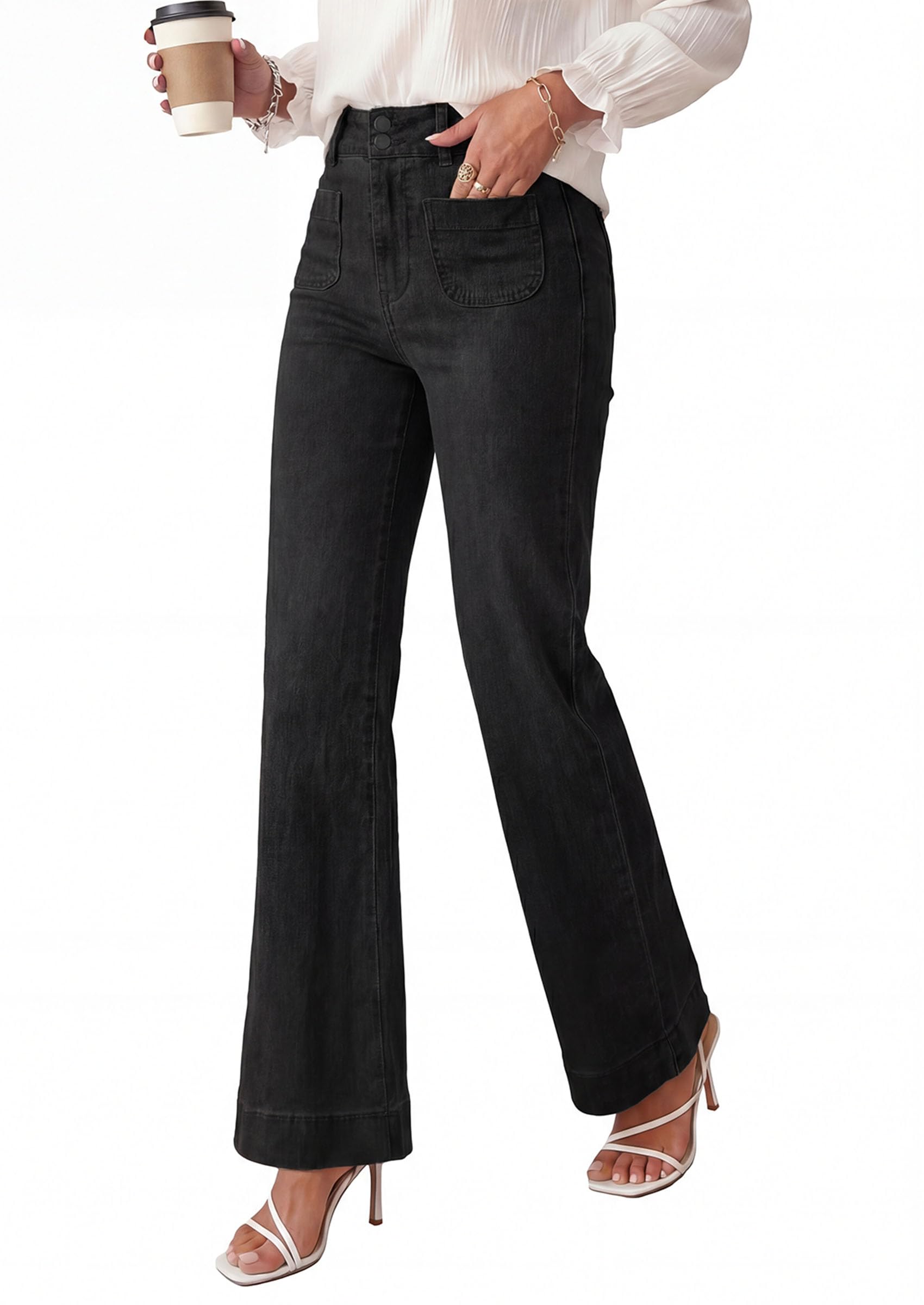 PRETTYGARDEN Womens Wide Leg Jeans High Waisted Stretchy|High Rise Bootcut Jeans with Front Patch Pockets, Loose Fit Daily Wear Denim, Trendy Work Pants, Business Casual Outfits