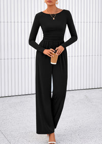 PRETTYGARDEN One Piece Jumpsuits for Women Dressy Casual Long Sleeve Crewneck Wide Leg Romper Overalls Spring Outfits