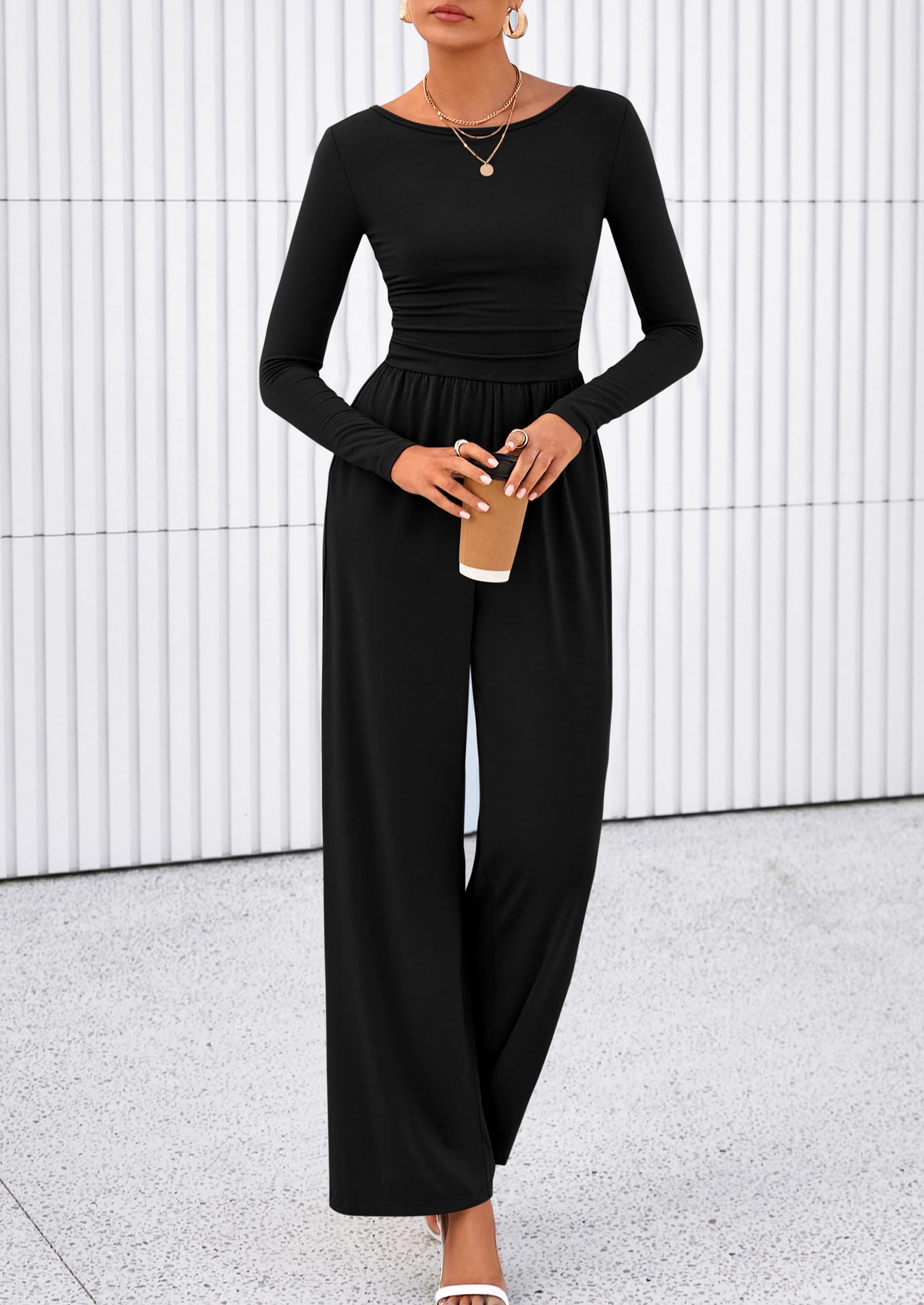 PRETTYGARDEN One Piece Jumpsuits for Women Dressy Casual Long Sleeve Crewneck Wide Leg Romper Overalls Spring Outfits