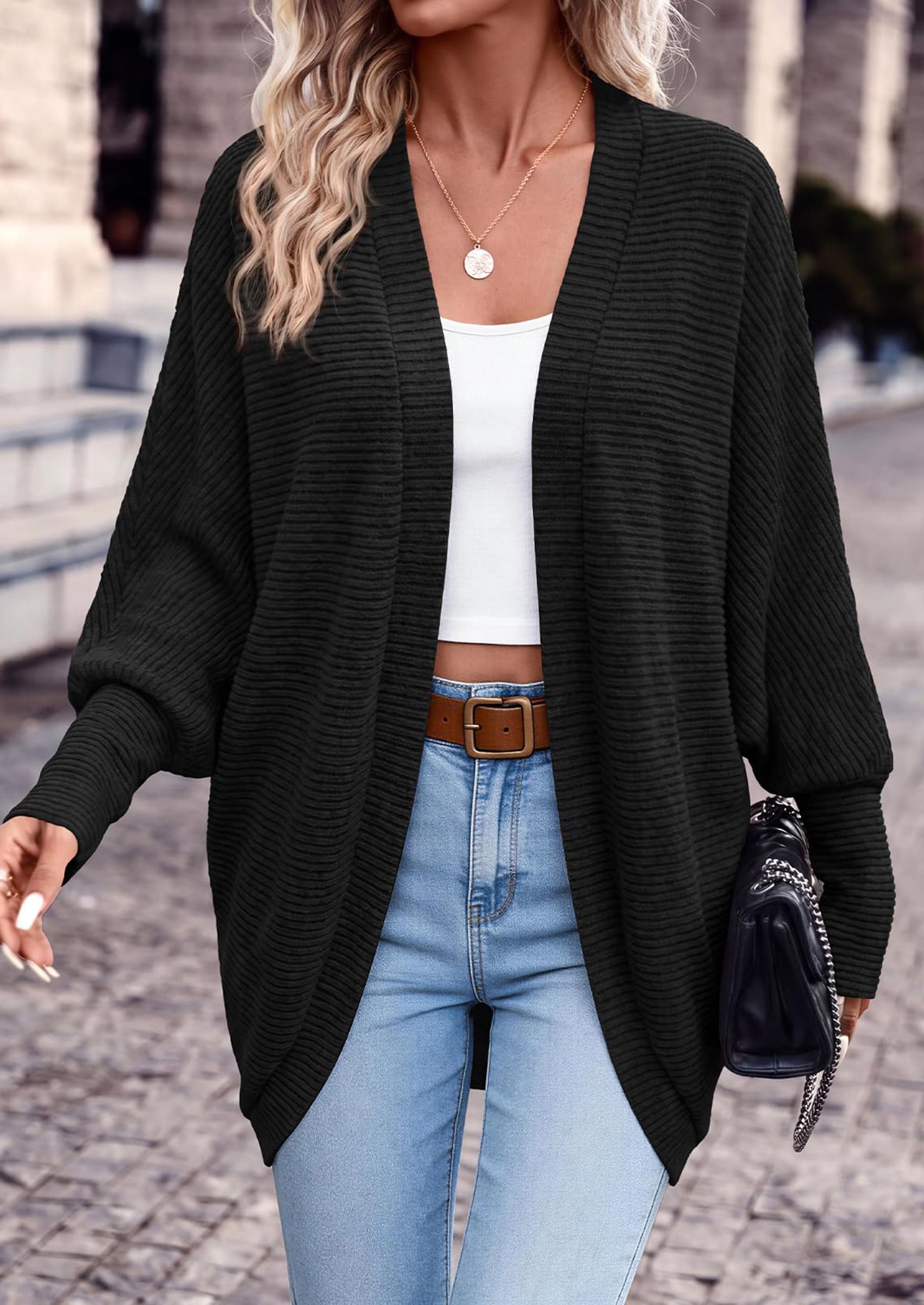 PRETTYGARDEN Batwing Long Sleeve Lightweight Cardigan Sweaters for Women Batwing Sleeve Long Cardigans Loose Fit Soft Ribbed Knit Light Weight Sweater Early Fall Fashion Streetwear Travel Outfits
