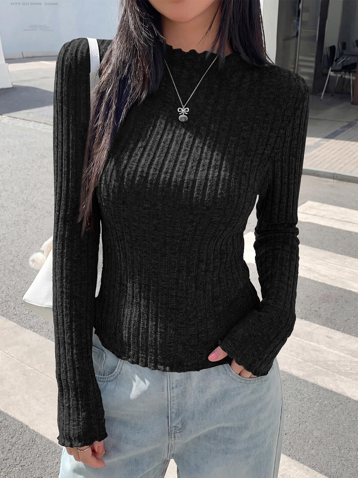 PRETTYGARDEN Womens Long Sleeve Shirts Fashion Lettuce Trim Mock Neck Slim Fit Fall Tops Casual Tee Shirt Y2k Outfits