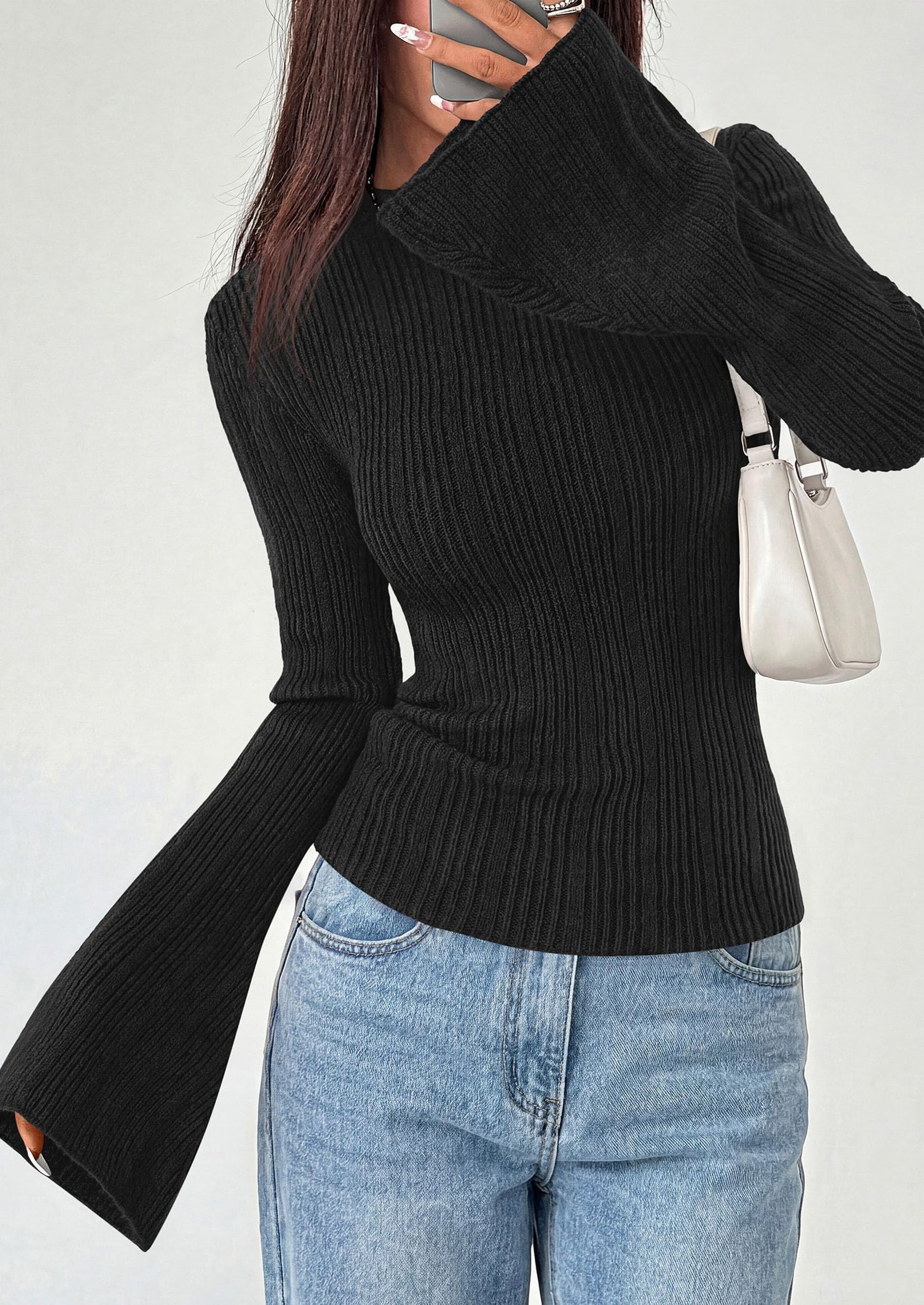 PRETTYGARDEN Sweaters for Women Lightweight Mock Neck Bell Long Sleeve Fitted Tops Ribbed Pullover Fall Fashion Clothing