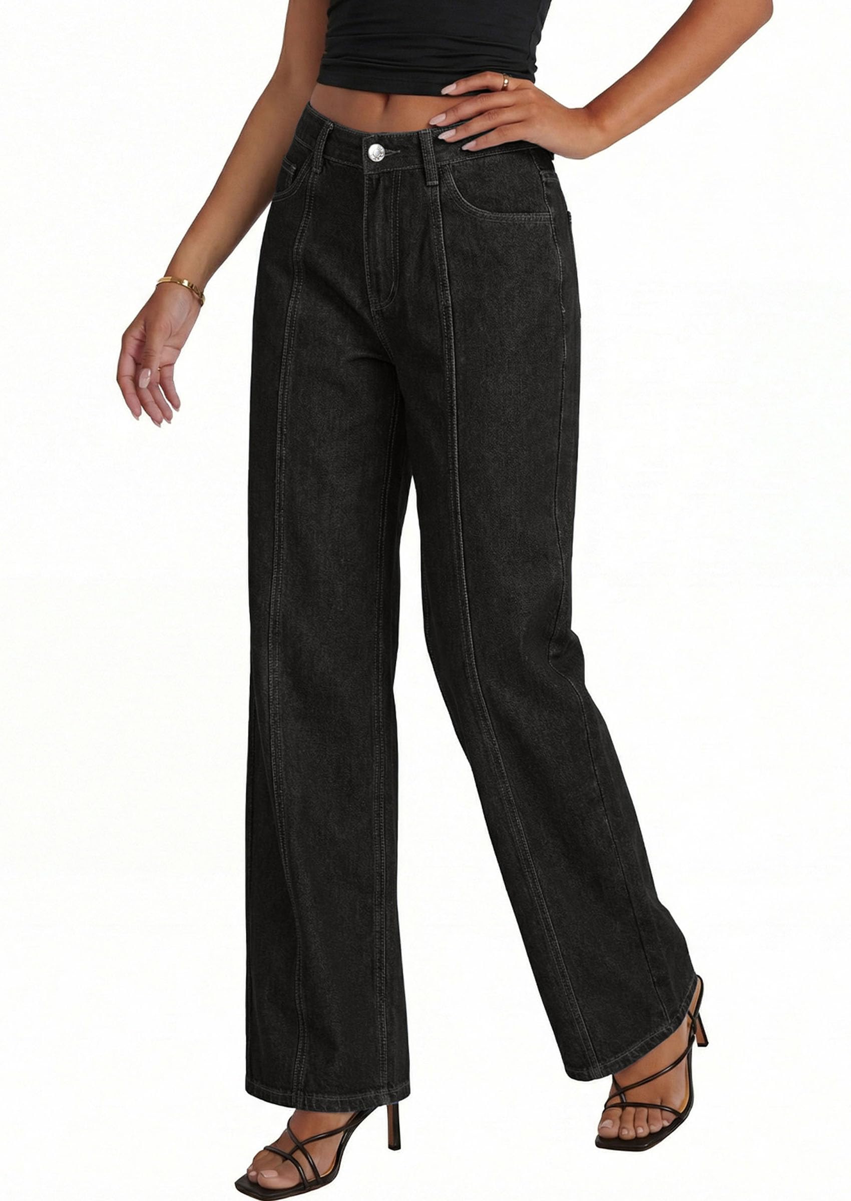 PRETTYGARDEN Women's Wide Leg Jeans High Waisted Stretchy Baggy Seamed Front Denim Palazzo Pants Summer Fashion Clothes
