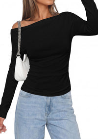 PRETTYGARDEN Off The Shoulder Tops for Women Going Out Long Sleeve Shirts Fall Casual Fitted Ribbed Ruched Y2K Clothes
