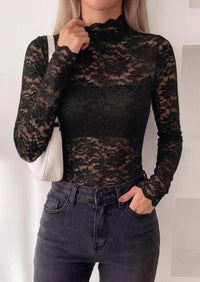 PRETTYGARDEN Womens Lace Long Sleeve Top Mesh Sheer Blouses Mock Neck See Through Slim Fitted Tops Fall Fashion Clothes