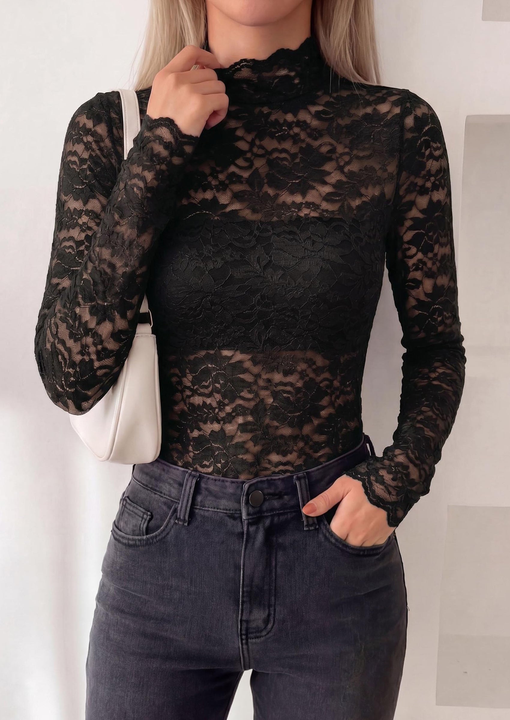PRETTYGARDEN Womens Lace Long Sleeve Top Mesh Sheer Blouses Mock Neck See Through Slim Fitted Tops Fall Fashion Clothes