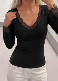 PRETTYGARDEN Womens Long Sleeve Shirts Cute Lace V Neck Tops Trendy Going Out Crop Top Sexy Stretchy Fitted Blouses Fall Clothes Dressy Work Office Outfit Casual Layering Tops