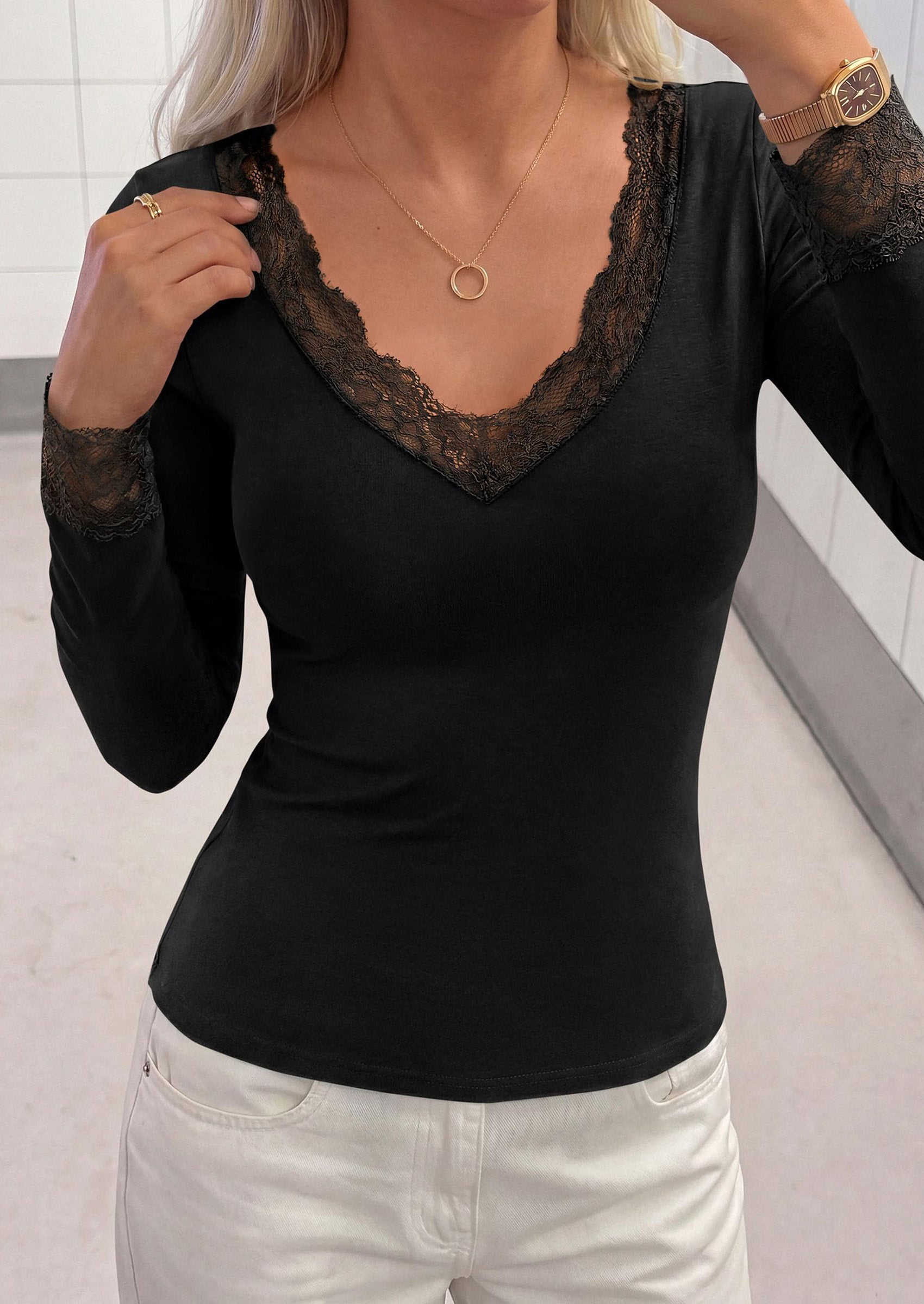 PRETTYGARDEN Womens Long Sleeve Shirts Cute Lace V Neck Tops Trendy Going Out Crop Top Sexy Stretchy Fitted Blouses Fall Clothes Dressy Work Office Outfit Casual Layering Tops