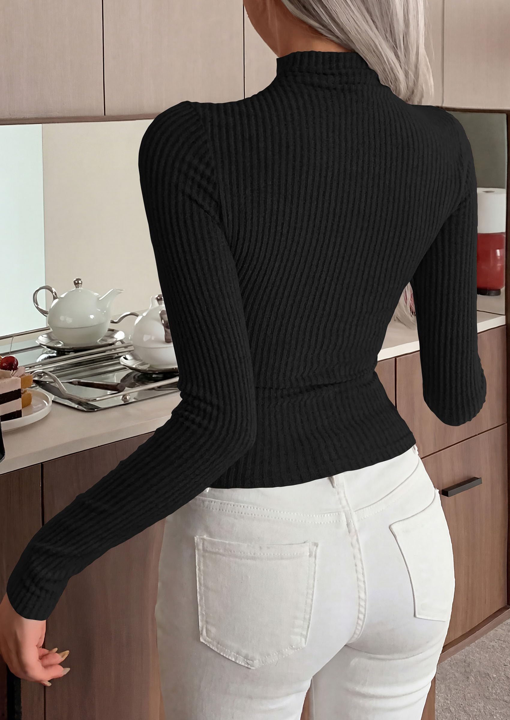 PRETTYGARDEN Long Sleeve T Shirts for Women Fall Fashion Mock Neck Fitted Ribbed Tee Tops Casual Basic Winter Clothing