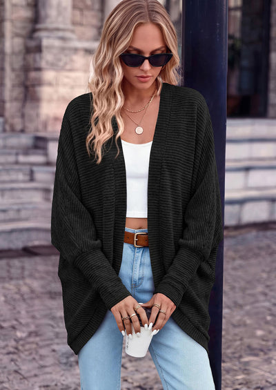 PRETTYGARDEN Batwing Long Sleeve Lightweight Cardigan Sweaters for Women Batwing Sleeve Long Cardigans Loose Fit Soft Ribbed Knit Light Weight Sweater Early Fall Fashion Streetwear Travel Outfits