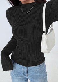 PRETTYGARDEN Sweaters for Women Lightweight Mock Neck Bell Long Sleeve Fitted Tops Ribbed Pullover Fall Fashion Clothing