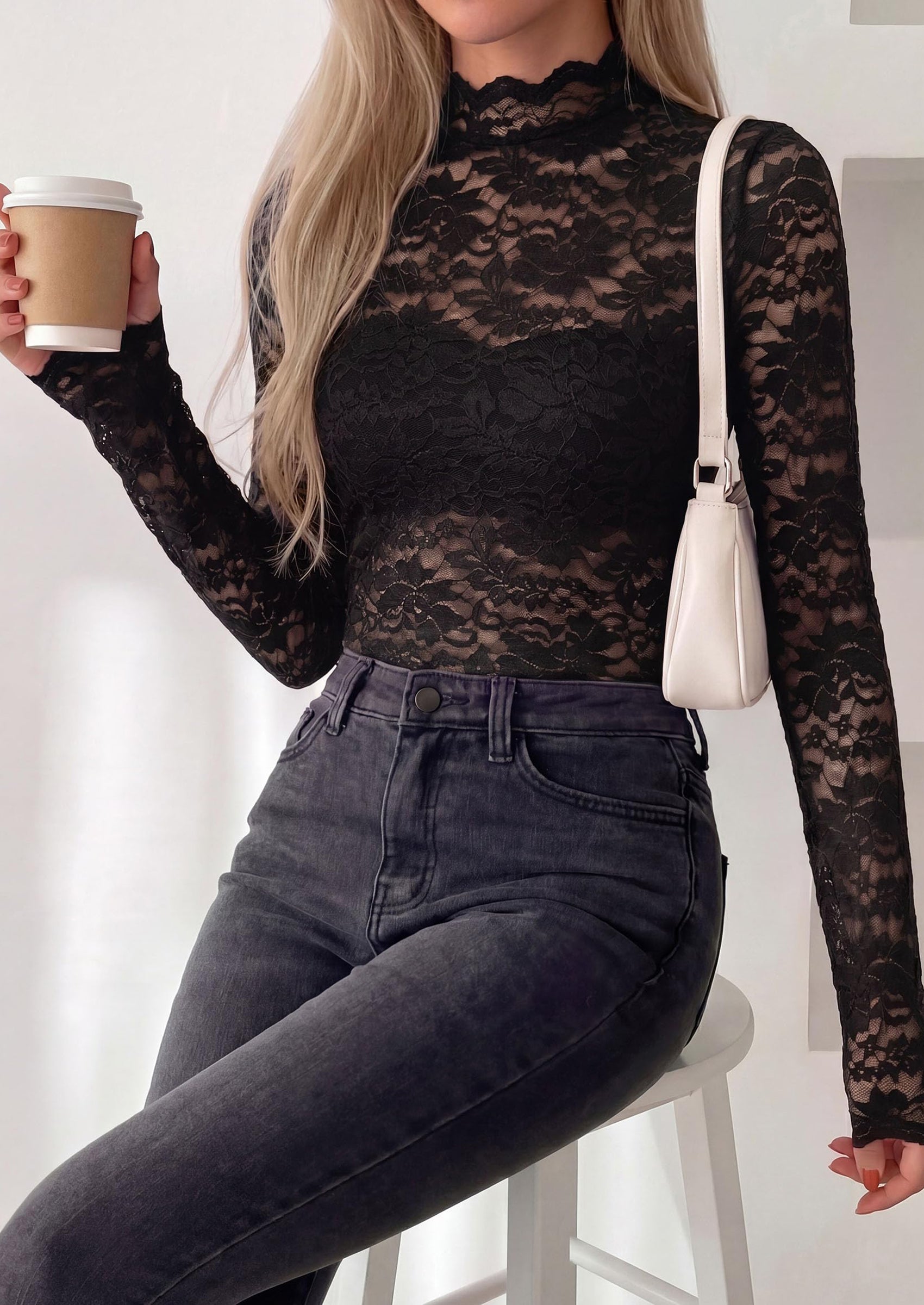 PRETTYGARDEN Womens Lace Long Sleeve Top Mesh Sheer Blouses Mock Neck See Through Slim Fitted Tops Fall Fashion Clothes
