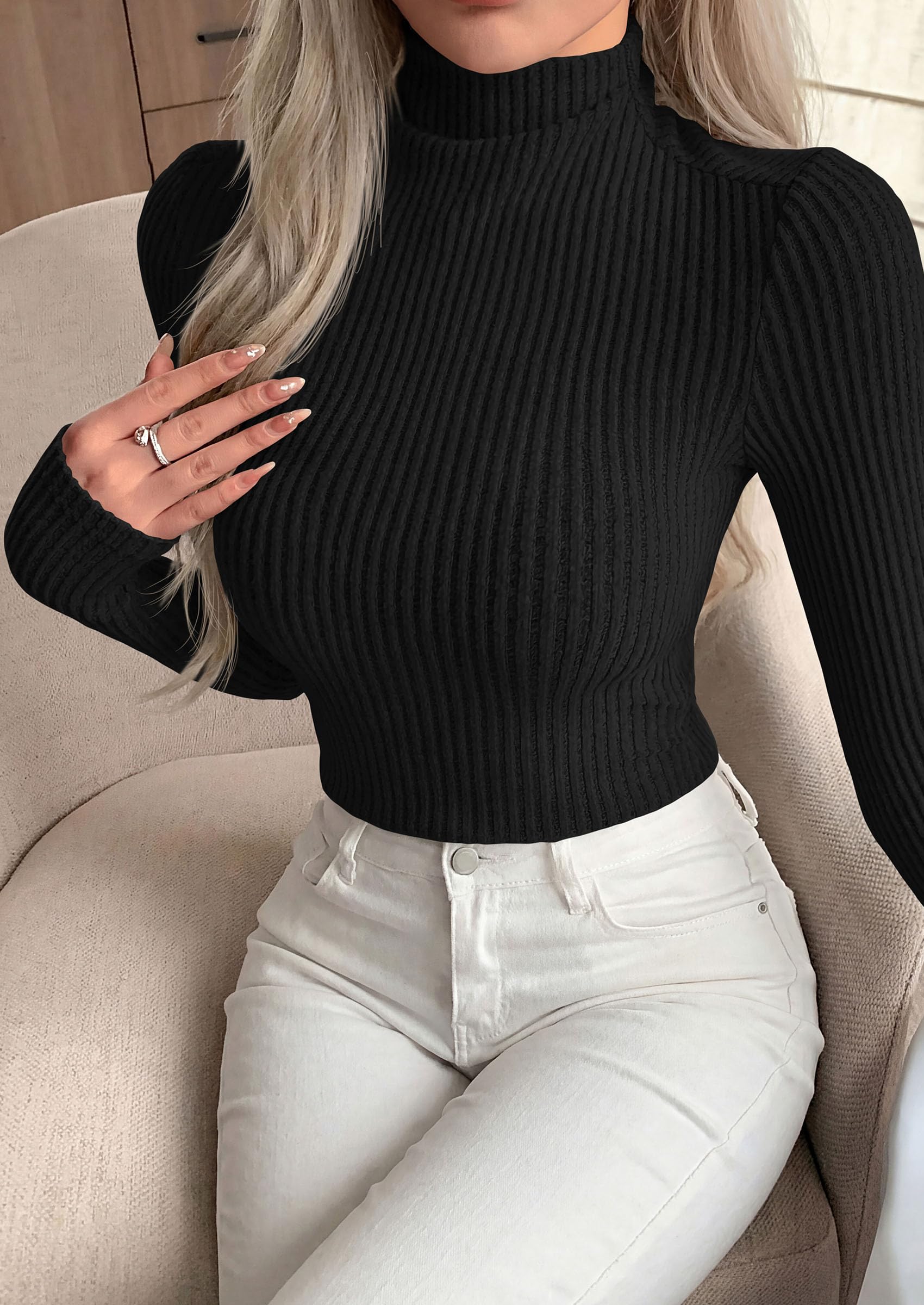 PRETTYGARDEN Long Sleeve T Shirts for Women Fall Fashion Mock Neck Fitted Ribbed Tee Tops Casual Basic Winter Clothing