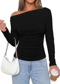 PRETTYGARDEN Off The Shoulder Tops for Women Going Out Long Sleeve Shirts Fall Casual Fitted Ribbed Ruched Y2K Clothes