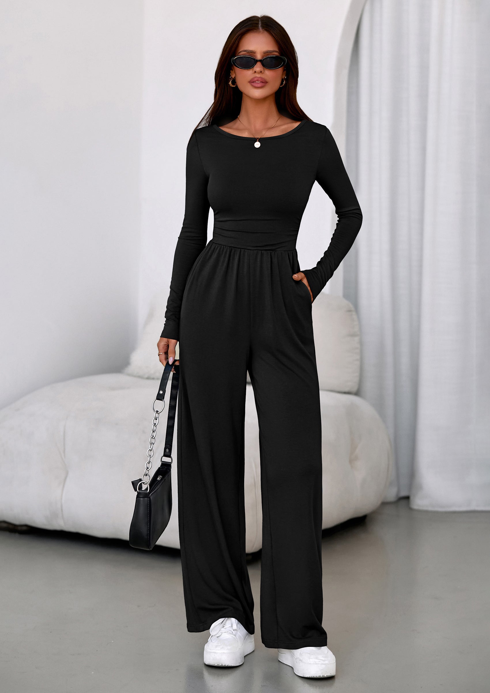 PRETTYGARDEN One Piece Jumpsuits for Women Dressy Casual Long Sleeve Crewneck Wide Leg Romper Overalls Spring Outfits