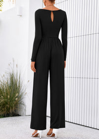 PRETTYGARDEN One Piece Jumpsuits for Women Dressy Casual Long Sleeve Crewneck Wide Leg Romper Overalls Spring Outfits