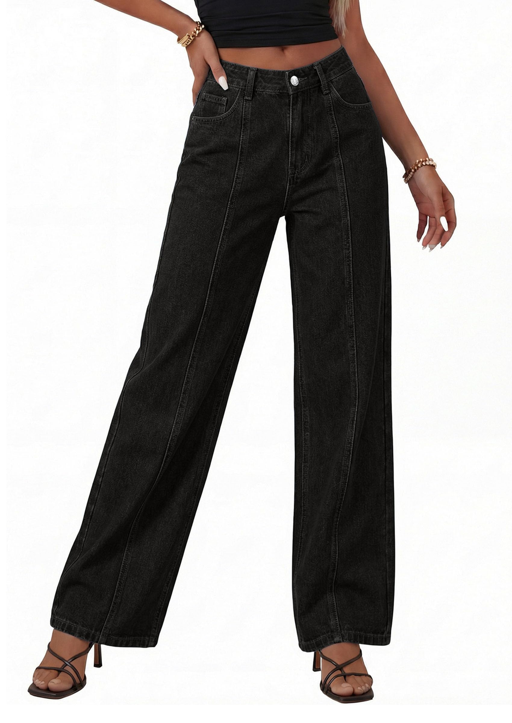 PRETTYGARDEN Women's Wide Leg Jeans High Waisted Stretchy Baggy Seamed Front Denim Palazzo Pants Summer Fashion Clothes