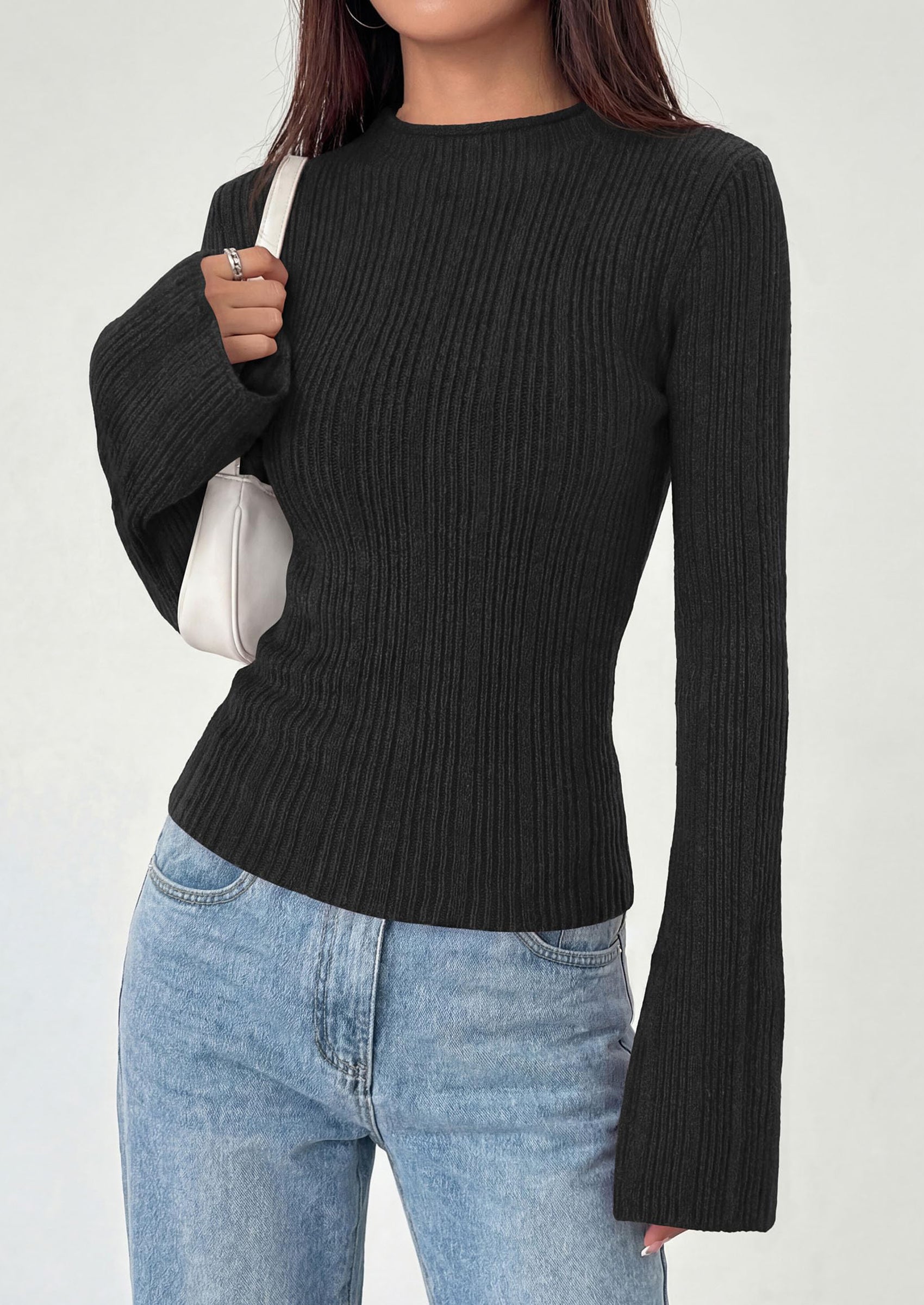 PRETTYGARDEN Sweaters for Women Lightweight Mock Neck Bell Long Sleeve Fitted Tops Ribbed Pullover Fall Fashion Clothing