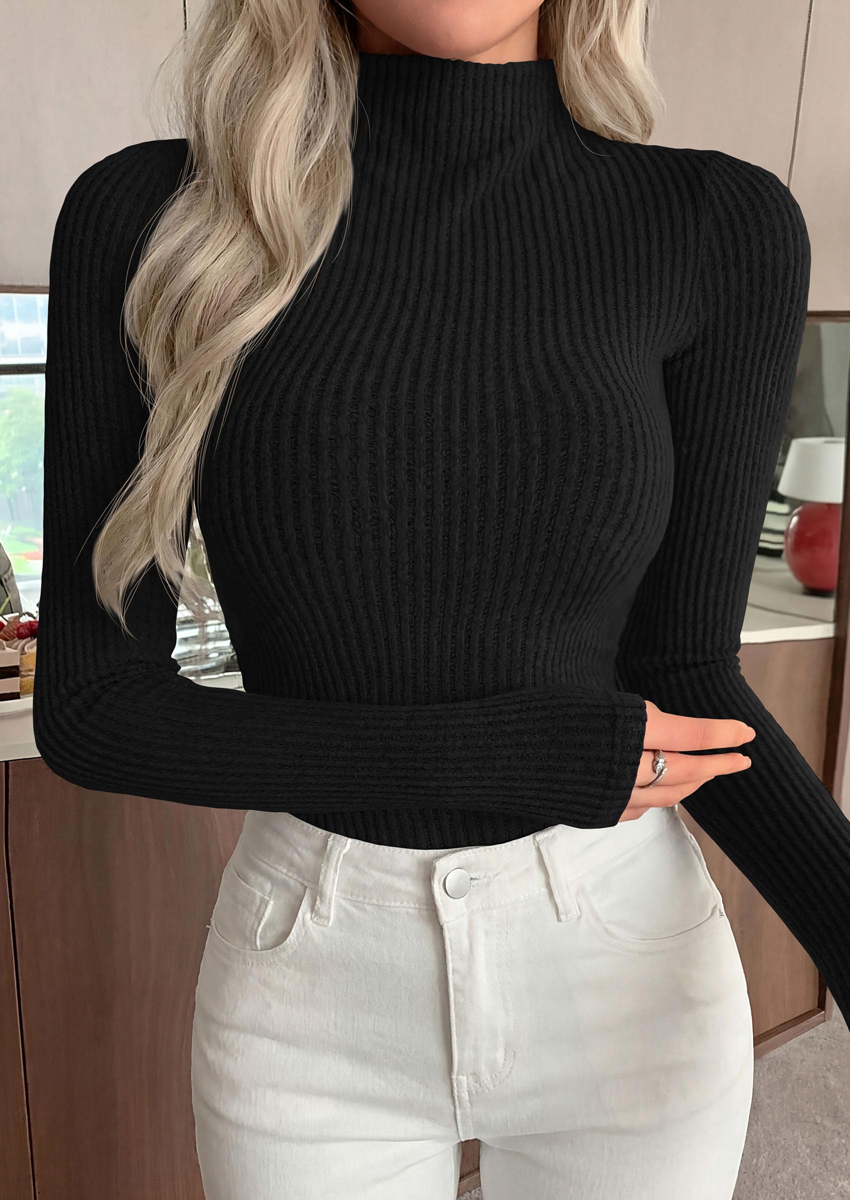 PRETTYGARDEN Long Sleeve T Shirts for Women Fall Fashion Mock Neck Fitted Ribbed Tee Tops Casual Basic Winter Clothing