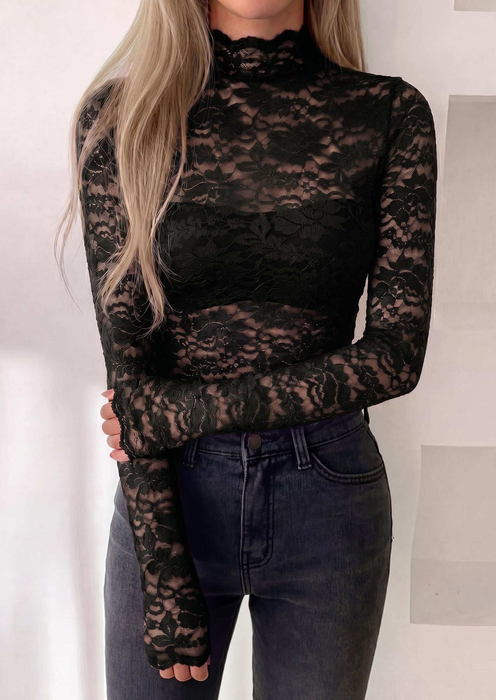 PRETTYGARDEN Womens Lace Long Sleeve Top Mesh Sheer Blouses Mock Neck See Through Slim Fitted Tops Fall Fashion Clothes