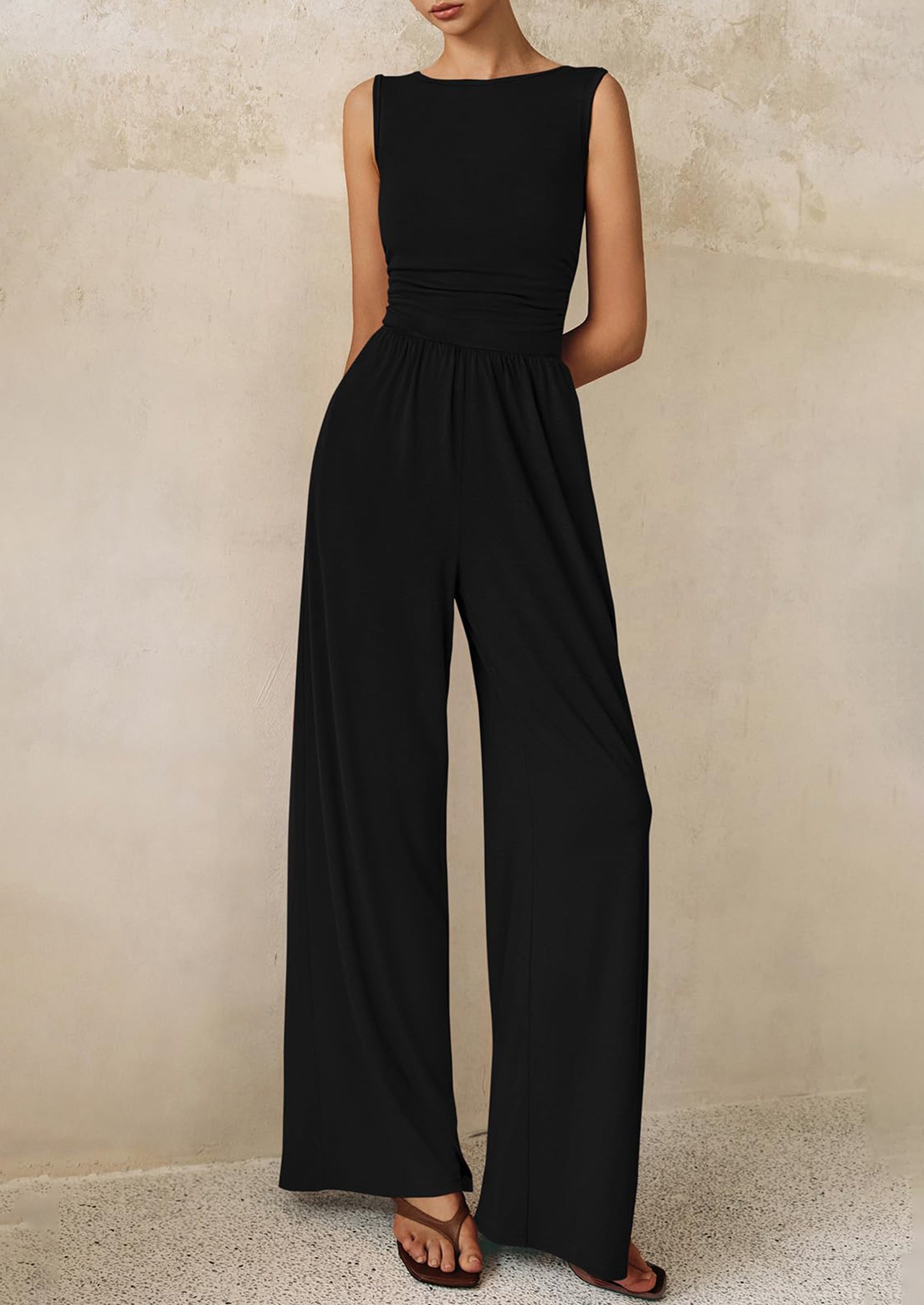 PRETTYGARDEN One Piece Jumpsuits for Women Dressy Casual Sleeveless Crewneck Wide Leg Rompers Jumpers Vacation Summer Outfits