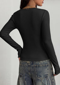 PRETTYGARDEN Womens Fall Long Sleeve Tops Lace Trim V Neck Button Henley Tshirts Slim Fitted Going Out Y2k Basic Shirts 2026