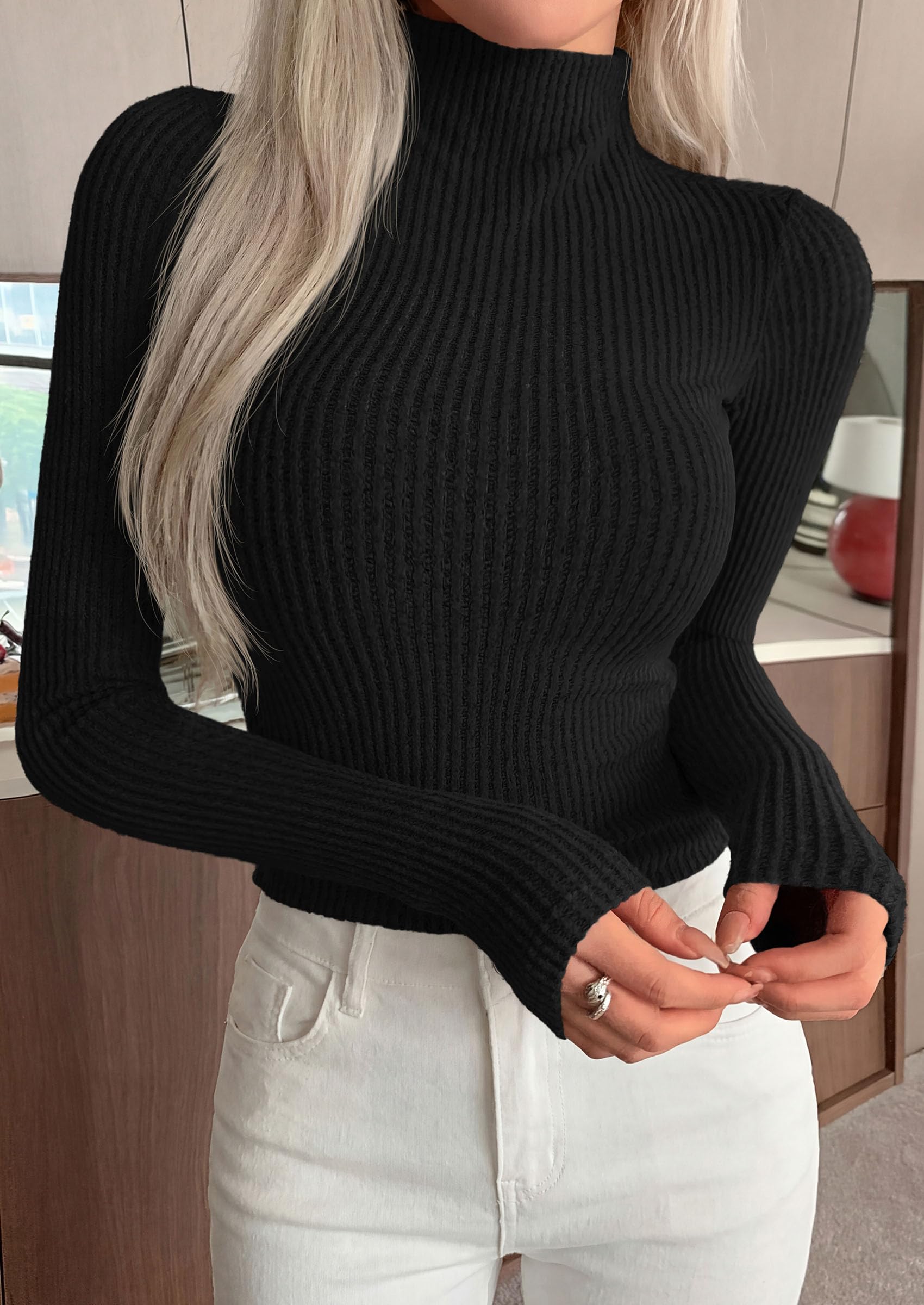 PRETTYGARDEN Long Sleeve T Shirts for Women Fall Fashion Mock Neck Fitted Ribbed Tee Tops Casual Basic Winter Clothing